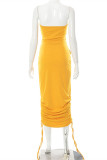 Yellow Fashion Sexy Solid Draw String Backless Strapless Long Dress