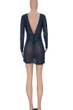 Deep Blue Sexy Solid Patchwork See-through Backless Fold V Neck One Step Skirt Dresses