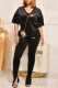 Black Fashion Casual Print Patchwork V Neck Short Sleeve Two Pieces