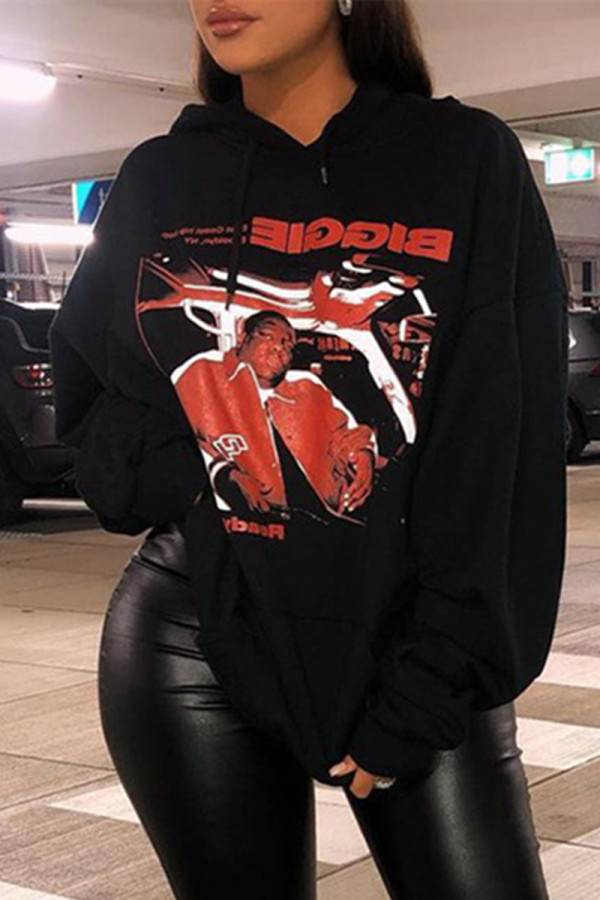 Black Fashion Casual Print Basic Hooded Collar Tops