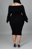 Black Fashion Casual Solid Patchwork Off the Shoulder Long Sleeve Plus Size Dresses