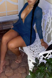 Deep Blue Sexy Solid Patchwork See-through Backless Fold V Neck One Step Skirt Dresses