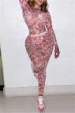 Pink Fashion Sexy Letter Print See-through Turtleneck Long Sleeve Two Pieces