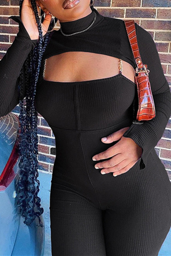 Black Sexy Casual Solid Bandage Backless Turtleneck Long Sleeve Two Pieces