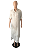 Khaki Casual Solid Slit Turndown Collar Shirt Dress Dresses