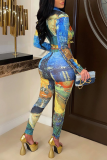 Colour Sexy Print Patchwork Turndown Collar Long Sleeve Two Pieces