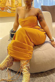 Yellow Fashion Sexy Solid Draw String Backless Strapless Long Dress