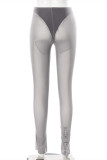 Dark Gray Fashion Sexy Patchwork See-through Skinny Low Waist Pencil Trousers