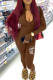 Brown Casual Letter Print Basic Zipper Collar Jumpsuits