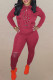 Rose Red Fashion Sportswear Print Ripped Hooded Collar Long Sleeve Two Pieces
