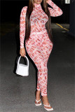 Pink Fashion Sexy Letter Print See-through Turtleneck Long Sleeve Two Pieces