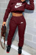 Burgundy Fashion Sportswear Print Patchwork Hooded Collar Long Sleeve Two Pieces