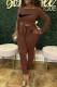 Coffee Fashion Elegant Print Patchwork Off the Shoulder Long Sleeve Two Pieces