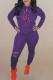 Purple Fashion Sportswear Print Ripped Hooded Collar Long Sleeve Two Pieces