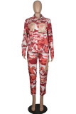 Tangerine Red Fashion Casual Camouflage Print Split Joint Turndown Collar Long Sleeve Two Pieces