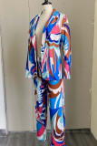 Blue Fashion Casual Print Cardigan Pants Turndown Collar Long Sleeve Two Pieces