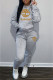 Grey Fashion Sportswear Print Patchwork Hooded Collar Long Sleeve Two Pieces