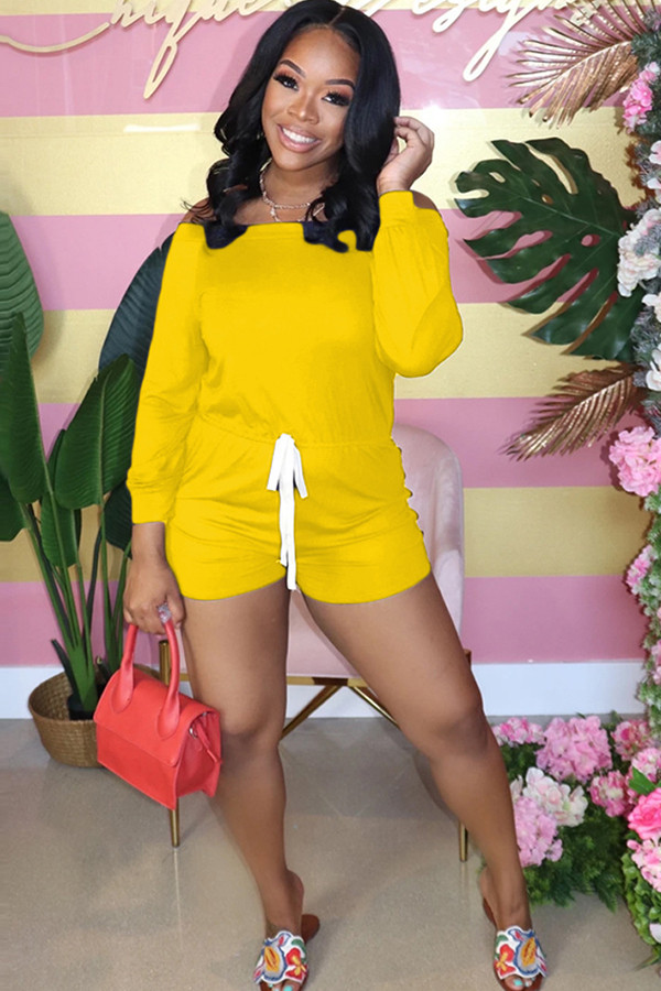 Yellow Fashion Casual Solid Long Sleeve O Neck Jumpsuits