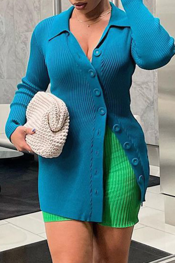 Blue Fashion Casual Solid Patchwork Turndown Collar Tops