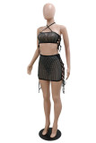 Black Fashion Sexy Patchwork Bandage Hollowed Out See-through Strapless Sleeveless Two Pieces