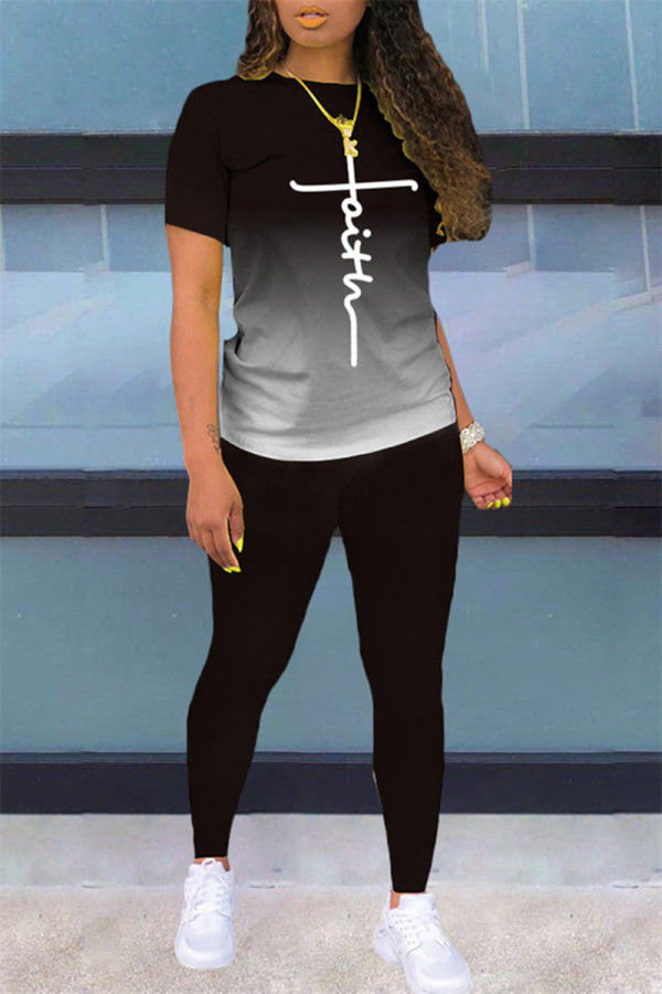 Black Fashion Casual Gradual Change Print Basic O Neck Short Sleeve Two Pieces