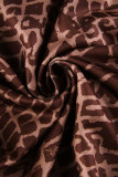 Brown Sexy Print Hollowed Out Patchwork Oblique Collar Skinny Jumpsuits