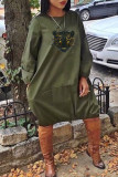 Deep Blue Fashion Casual Print Basic O Neck Long Sleeve Dresses