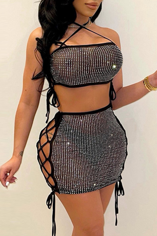 Black Fashion Sexy Patchwork Bandage Hollowed Out See-through Strapless Sleeveless Two Pieces