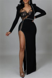 White Fashion Sexy Patchwork Hot Drilling See-through Long Sleeve Two Pieces
