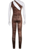 Brown Sexy Print Hollowed Out Patchwork Oblique Collar Skinny Jumpsuits