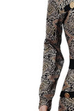 Black Sexy Print Patchwork Buckle O Neck Regular Jumpsuits
