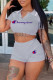 Grey Fashion Sportswear Print Patchwork Turndown Collar Short Sleeve Two Pieces