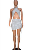 White Sexy Patchwork Bandage Hollowed Out Sequins Backless Halter Sleeveless Dress