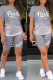 Grey Casual Gradual Change Letter Print Patchwork O Neck Short Sleeve Two Pieces
