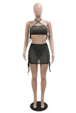 Black Fashion Sexy Patchwork Bandage Hollowed Out See-through Strapless Sleeveless Two Pieces