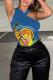 Blue Fashion Street Print Patchwork One Shoulder T-Shirts