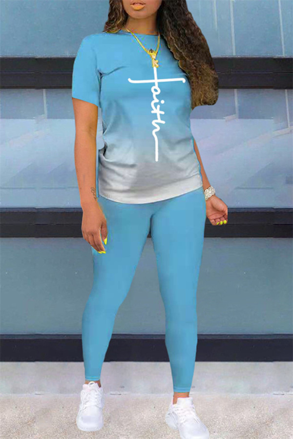 Light Blue Fashion Casual Gradual Change Print Basic O Neck Short Sleeve Two Pieces
