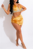 Yellow Sexy Patchwork Hot Drilling Bandage Hollowed Out Backless Spaghetti Strap Sleeveless Dress