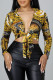 Yellow Casual Print Patchwork Buckle Turndown Collar Tops