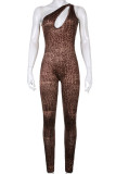 Brown Sexy Print Hollowed Out Patchwork Oblique Collar Skinny Jumpsuits