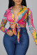 Red Casual Print Patchwork Buckle Turndown Collar Tops