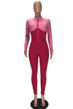 Rose Red Fashion Casual Solid Patchwork Zipper Collar Skinny Jumpsuits