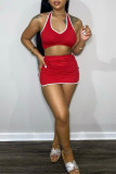 Red Sexy Casual Solid Patchwork Backless Halter Sleeveless Two Pieces
