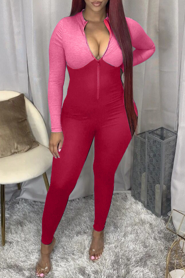 Rose Red Fashion Casual Solid Patchwork Zipper Collar Skinny Jumpsuits