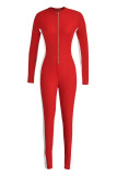 Red Fashion Casual Adult Pit Article Fabrics Patchwork Solid Split Joint O Neck Skinny Jumpsuits