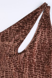 Brown Sexy Print Hollowed Out Patchwork Oblique Collar Skinny Jumpsuits