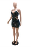 Black Fashion Sexy Patchwork Hollowed Out Sequins Asymmetrical Spaghetti Strap Sleeveless Two Pieces