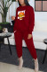 Wine Red Fashion Print Basic O Neck Long Sleeve Two Pieces