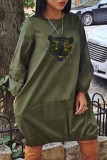 Deep Blue Fashion Casual Print Basic O Neck Long Sleeve Dresses