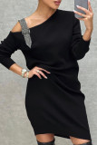 Black Casual Solid Patchwork Oblique Collar Straight Dresses